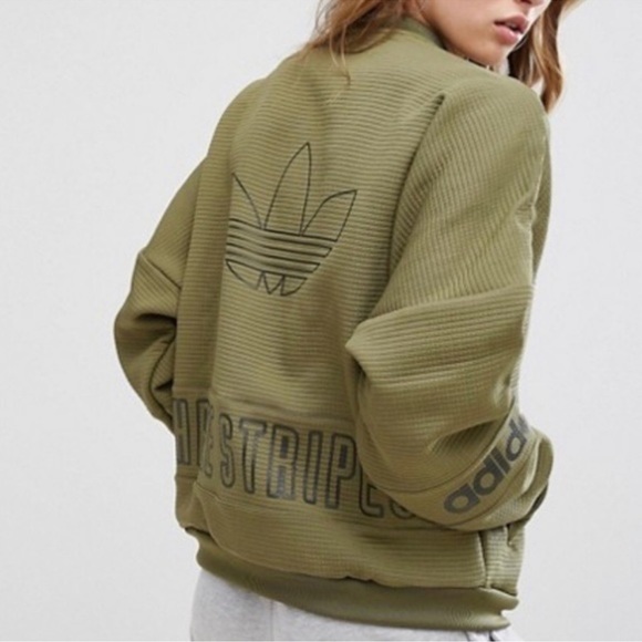 Adidas Originals Three Stripe Waffle Olive Army Green Bomber Jacket Size S - Picture 2 of 7